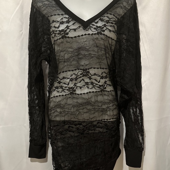 Sheer Black Lace Goth Mini Dress Tunic Top Y2K Batwing Sleeves Asymetrical Hem - Picture 7 of 7